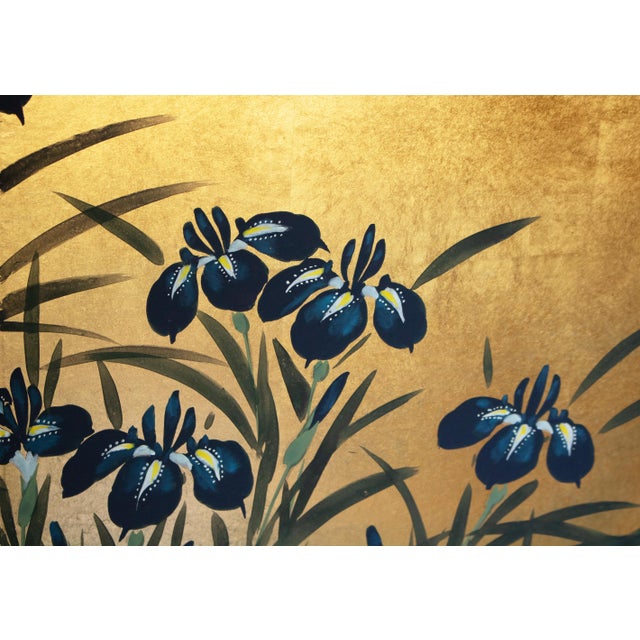 "Rinpa Iris Yatsuhashi" by Taizan, Heisei Era Japanese Painted Byobu Screen For Sale - Image 12 of 18