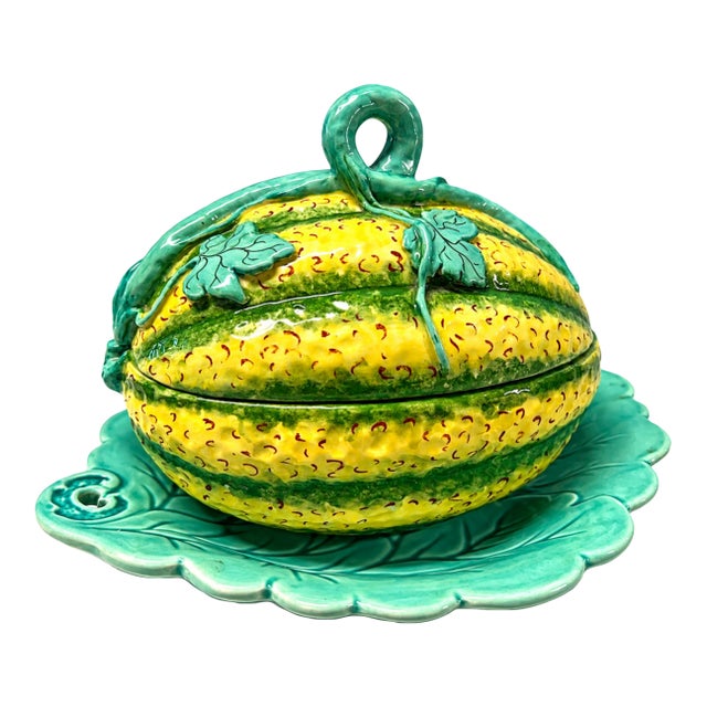 Vintage Italy Majolica Vine Covered Melon Squash Ceramic Lidded Bowl For Sale