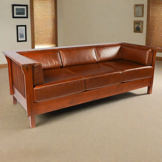 2020s Mission / Craftsman Cubic Slat Side Sofa - Chestnut Brown Leather For Sale - Image 5 of 6