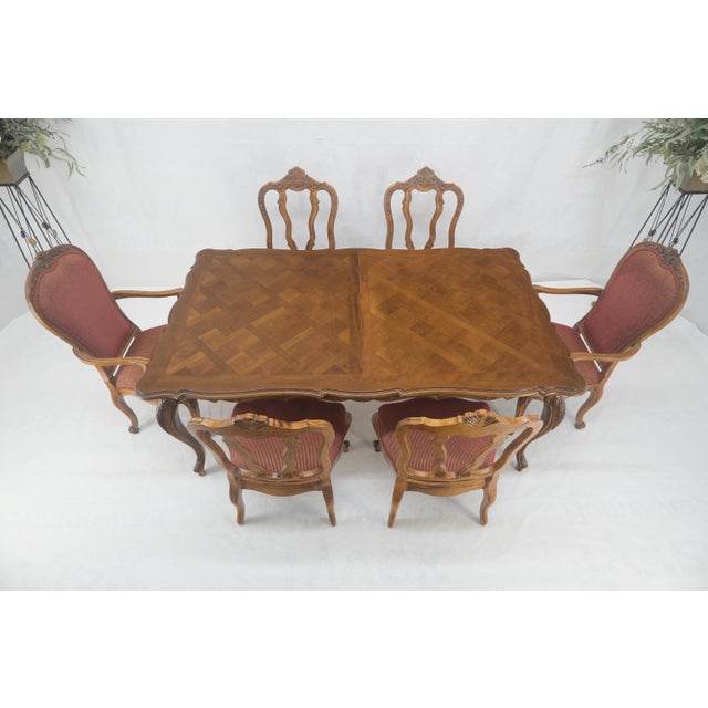 Country French Parquetry Top Table 6 Dining Chairs 2X22" Extension Board Leafs For Sale - Image 10 of 17