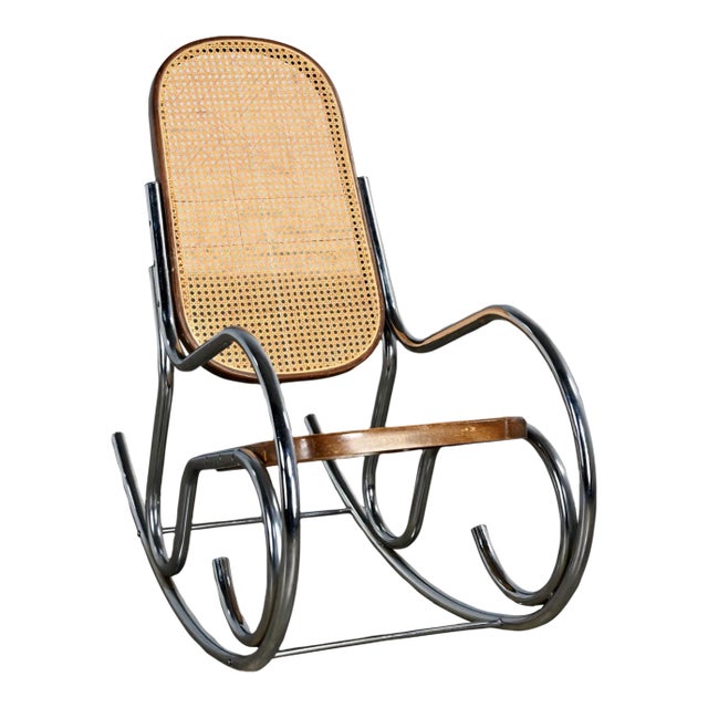 1970’s Bauhaus Style Chrome Tube Bentwood & Cane Rocking Chair or Rocker For Sale