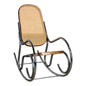 1970’s Bauhaus Style Chrome Tube Bentwood & Cane Rocking Chair or Rocker