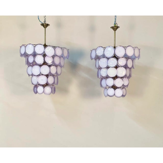 Mid-Century Modern Pair Murano Disc Mid-Century Modern Tiered Chandelier, Antiqued Brass, New Wired For Sale - Image 3 of 13