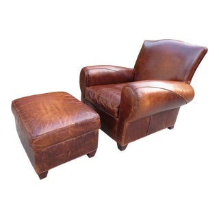 Restoration Hardware French Art Deco Leather Club Chair & Ottoman For Sale