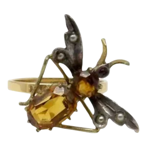 Art Nouveau 14K Gold and Silver Insect Ring with Topaz Size 7.5