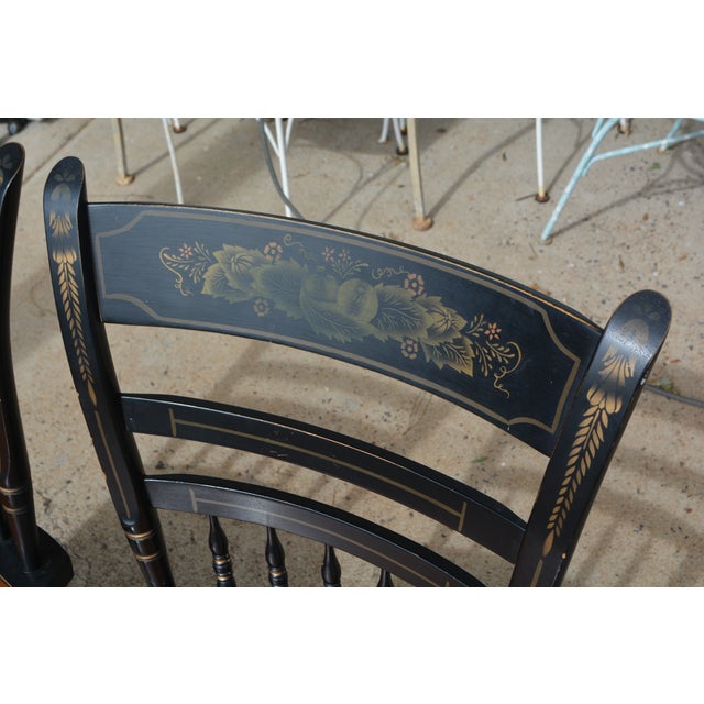 Pair of Mid 20th Century Hitchcock Black W/ Brown Seat Gold Stenciled Fruits Harvest Dining Chairs For Sale - Image 6 of 15