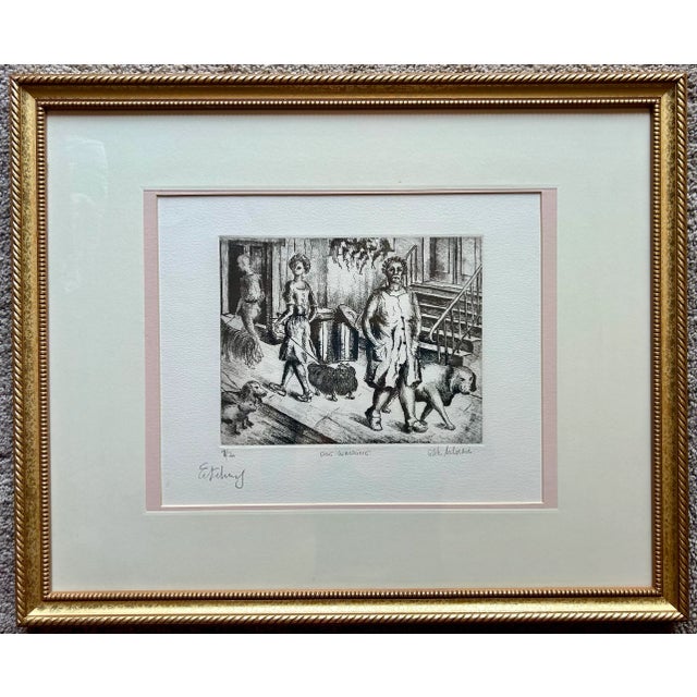 Original black and white etching of people walking dogs on a city street. By French artist Arlette Malivernier. Pencil...