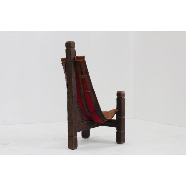1970s Vintage Brutalist Tripod Leather and Wood Chair, 1970s For Sale - Image 5 of 10