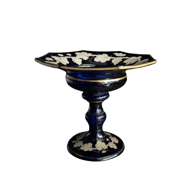 Glass Cobalt Hand Painted Glass Compote For Sale - Image 7 of 10