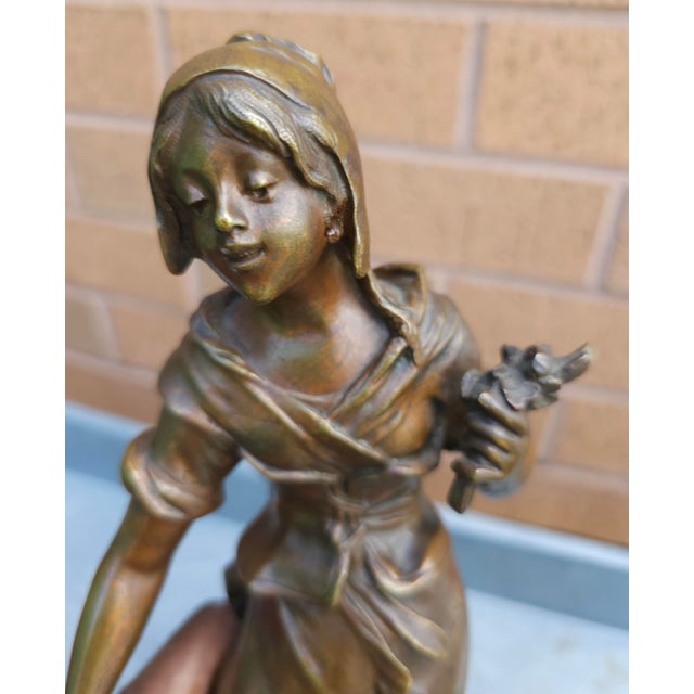 Metal Auguste Moreau, Pair of Patinated Bronze Figures Peasants on Marble Plinths For Sale - Image 7 of 11