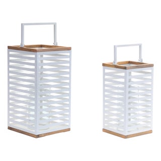 Metal Box Lantern with Natural Wood Accents - Set of 2 For Sale