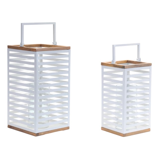 Metal Box Lantern with Natural Wood Accents - Set of 2 For Sale