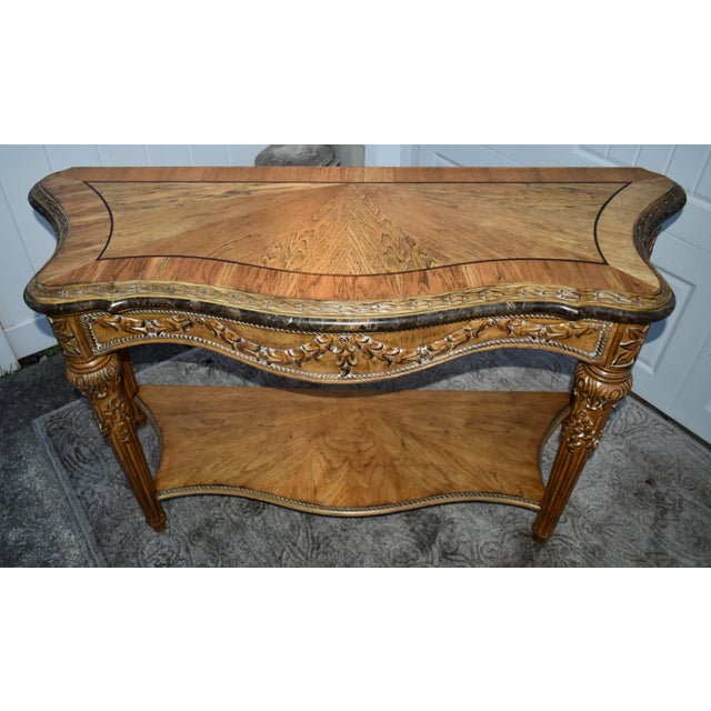 Vintage Ornate Carved & Inlaid Tuscan Style Marble Trimmed Console Table W/Shelf For Sale - Image 10 of 12