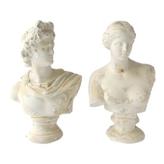 Italian Plaster Greco Roman Busts Sculptures, Pair For Sale