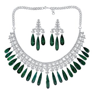 110 Carat Tear Drop Green Tourmaline and 25 Ct Diamond Necklace Suite 18 K Gold For Sale