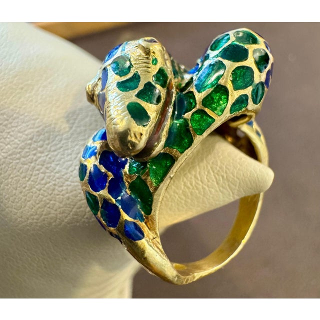 Blue & Green Enamel Snake Animal Cocktail Ring in 18 Karat Yellow Gold Size 5 For Sale In New York - Image 6 of 18