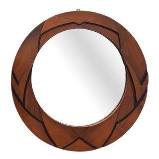 Belgian Art Deco Round Mirror with Geometric Wooden Frame, 1920 For Sale
