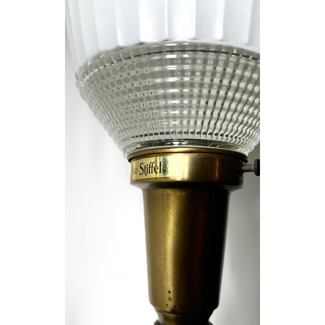 Complete Stiffel Brass Torchiere With Original Waffle Weave Diffuser, Original Drum Shade and Finial For Sale - Image 13 of 13
