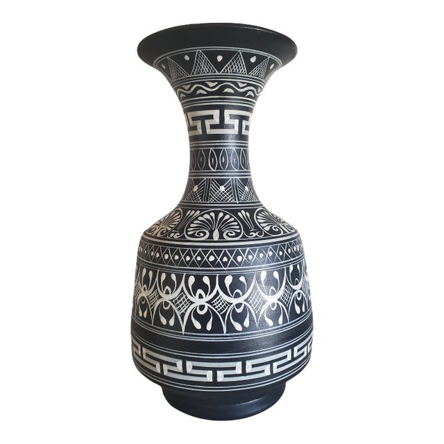 Vintage Hand Painted Black and White Terracotta Vase For Sale