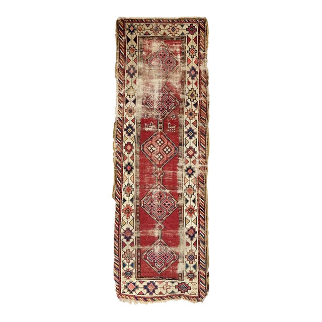 1910s Caucasian Runner Distressed Rust Animals Rug 3.3. x 10.2 For Sale