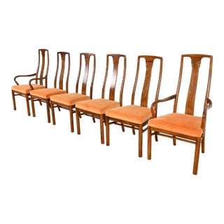 Drexel Heritage Mid-Century Modern Walnut High Back Dining Chairs, Set of Six For Sale