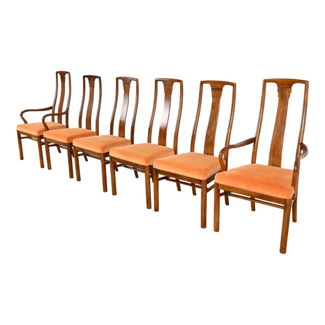 Drexel Heritage Mid-Century Modern Walnut High Back Dining Chairs, Set of Six For Sale