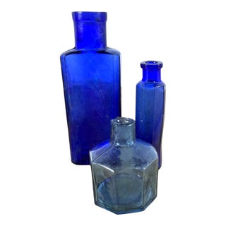 Antique Set of Three English Cobalt Blue Glass Apothecary Bottles For Sale