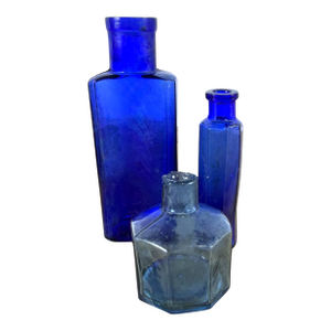 Antique Set of Three English Cobalt Blue Glass Apothecary Bottles