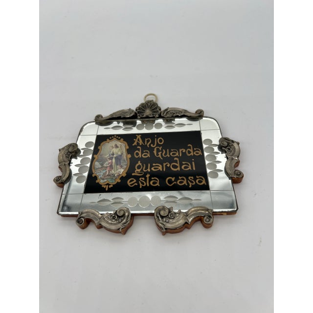 Vintage from the 1950s Religious frame with Sterling silver ornaments written "Guardian Angel Bless This House” hand...