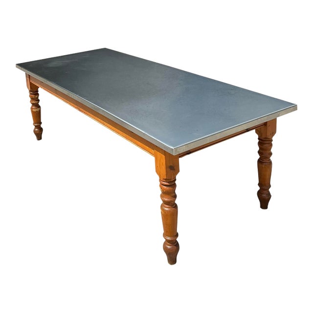 Vintage Plank Farm Table With Custom Stainless Steel Top For Sale