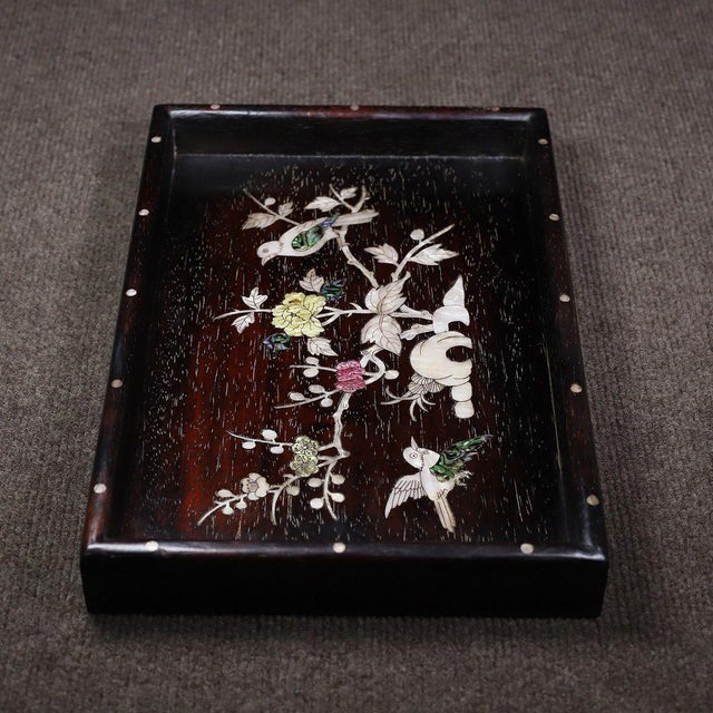 Late 20th Century Dark Wood Tea Tray With Mother-of-Pearl Bird and Floral Inlay For Sale In Los Angeles - Image 6 of 10