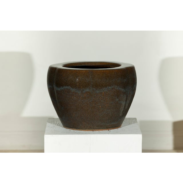 Vintage Chinese Brown and Blue Glazed Handcrafted Ceramic Planter For Sale In New York - Image 6 of 17