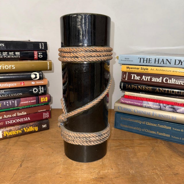 Rustic Deep Black Cylindrical Ceramic Vase with Rope Design For Sale - Image 3 of 10
