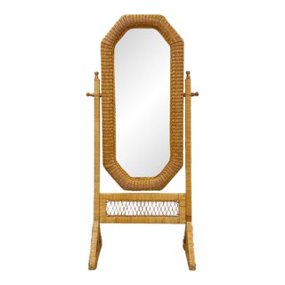 Vintage Coastal Hexagon Wicker Floor Mirror, Rattan Standing Full Length Mirror For Sale