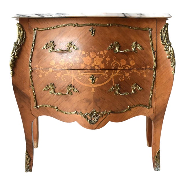 Antique Louis XV-Style Bombe Marquetry, Ormolu, & Marble Top Bombe Chest of Drawers For Sale