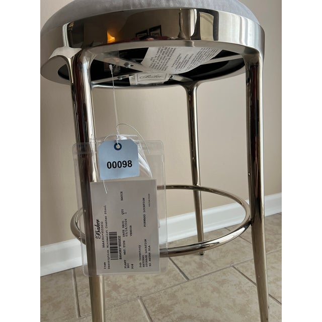 Contemporary Baker Furniture Minimalist Counter Stool, Polished Nickel Base, Swivel Seat in White Suede - Pair For Sale - Image 3 of 18