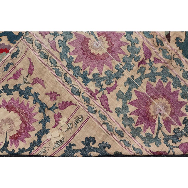 Antique Uzbekistan Suzani Textile With Medallion and Floral Vine Embroidery For Sale - Image 17 of 17