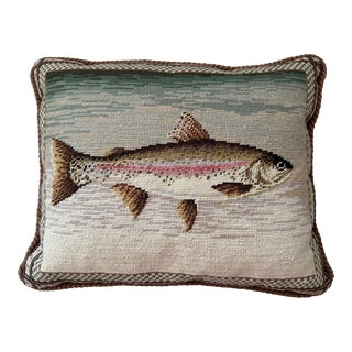 Vintage Needlepoint Rainbow Trout Down Filled Pillow For Sale