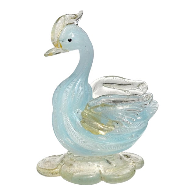 Vintage Murano Sky Blue White Gold Flecks Italian Art Glass Mid Century Bird Duck Figurine Sculpture For Sale