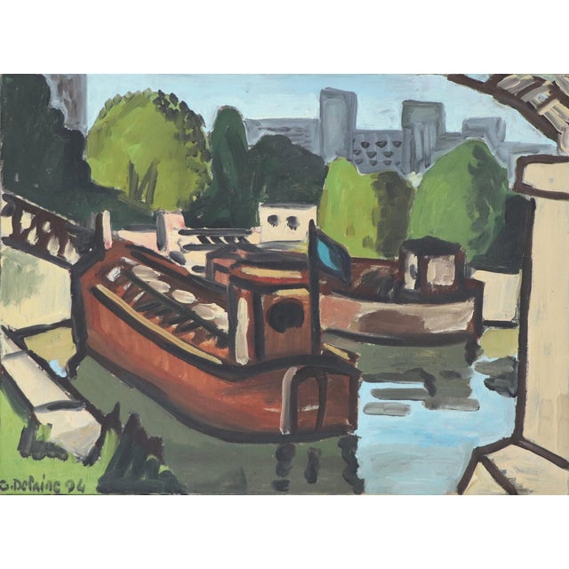 G. Delaire, Barges on the Seine, 1994, Oil Painting on Canvas For Sale - Image 3 of 11