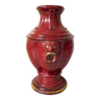 Large 25" Ornate Bombay Red Stoneware Figural Lion Handle Urn Vase For Sale