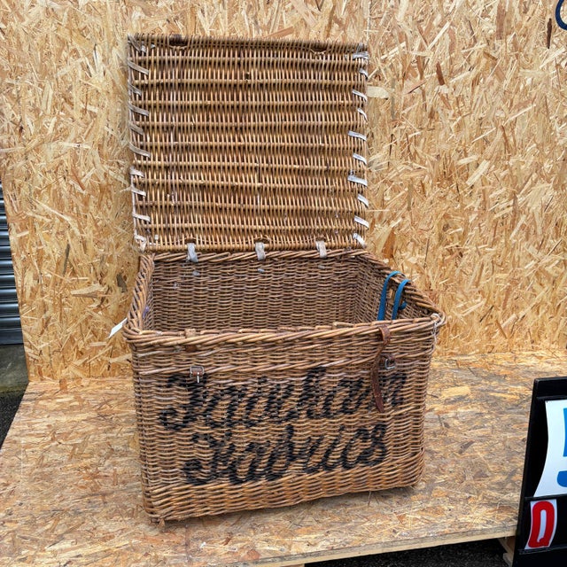1920’s original english wicker baskets. Oversized industrial storage baskets retaining original faded branding. Handmade...