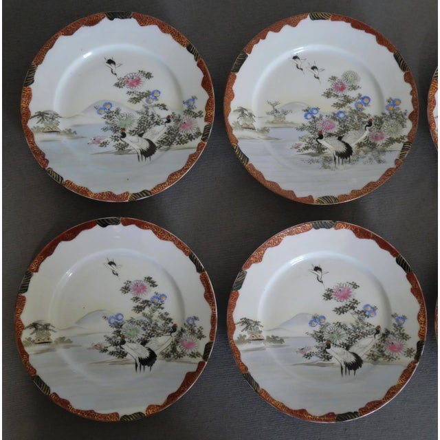 Japanese Early 20th Century Japanese Kutani Porcelain Red-Crowned Crane/Floral Motifs Salad Plates (Meiji Period)- Set of 6 For Sale - Image 3 of 8