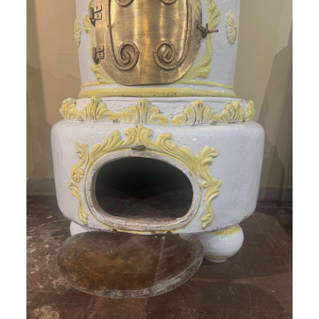 Ceramic 19th Century French White and Yellow Terracotta and Brass Wood Burning Stove For Sale - Image 7 of 12