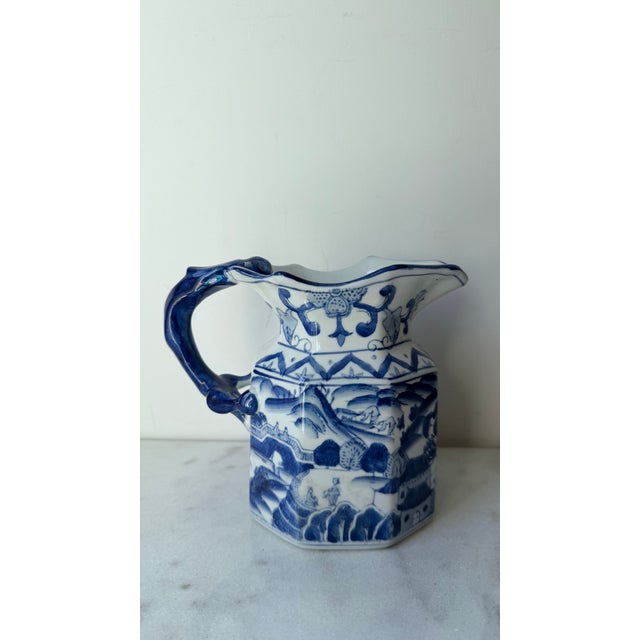Metal Vintage Style Chinoiserie Blue & White Octagonal Pitcher Vase - Figural Serpent Dragon Handle.. For Sale - Image 7 of 11