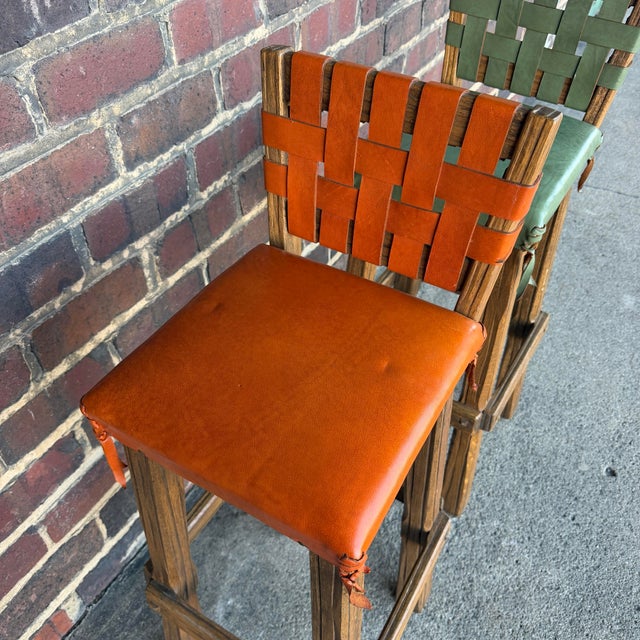 Pair of Ranch Oak Rustic Leather and Wood Bar Stools For Sale - Image 10 of 12