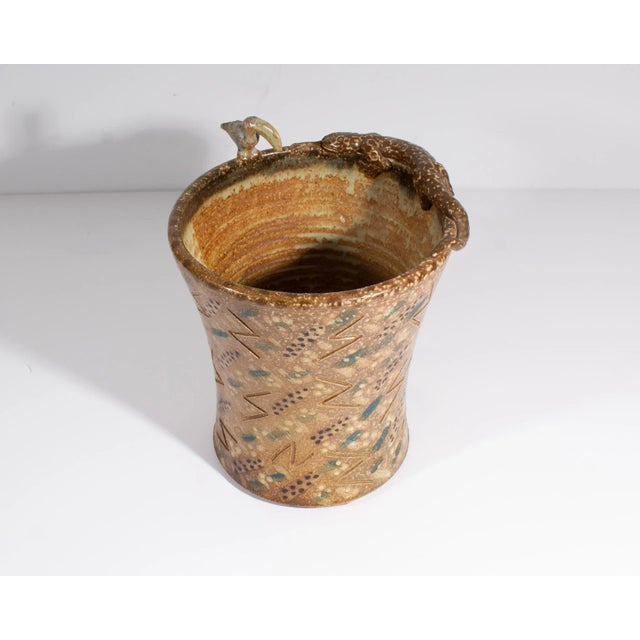 Abstract Vintage Studio Pottery Vase With Salamander and Toucan For Sale - Image 3 of 9