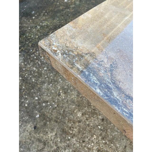 Monumental Square Travertine Dining Table With Pedestal Base and Sculpted Apron in the Italian Modern Style For Sale - Image 10 of 13