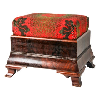 Antique Mahogany Footstool Empire Upholstered Ottoman For Sale