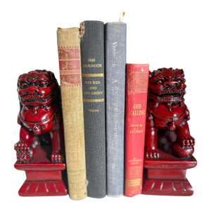 Guardian Resin Foo Dog Pair | Red Chinoiserie Bookends | Asian Home Decor